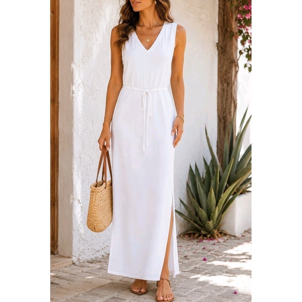 NWT Splendid White Maxi Dress M MSRP $178 Sleeveless V Neck Belted Pockets